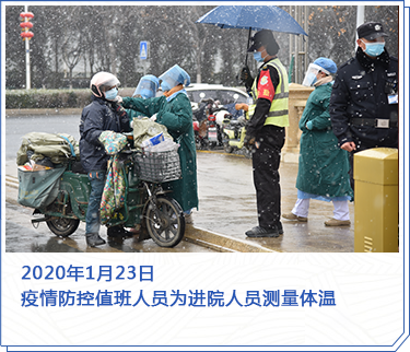 2020年1月23日,疫情防控值班人員為進(jìn)院人員測量體溫